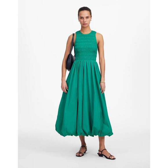 Madewell The Melody Bubble Hem Smocked Midi Dress Poplin Small Verdant Green NWT - Picture 3 of 10